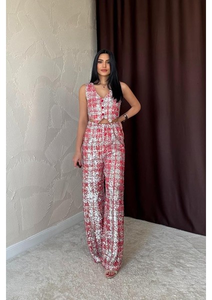 Kırmızı Pullu Yelek ve Pantolon Takım