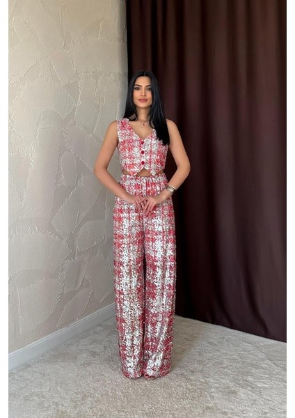 Kırmızı Pullu Yelek ve Pantolon Takım