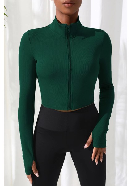 Kadın Yeşil Uzun Kol Fermuarlı Parmak Geçme Detaylı Dik Yaka Crop Top Bluz modelleri
