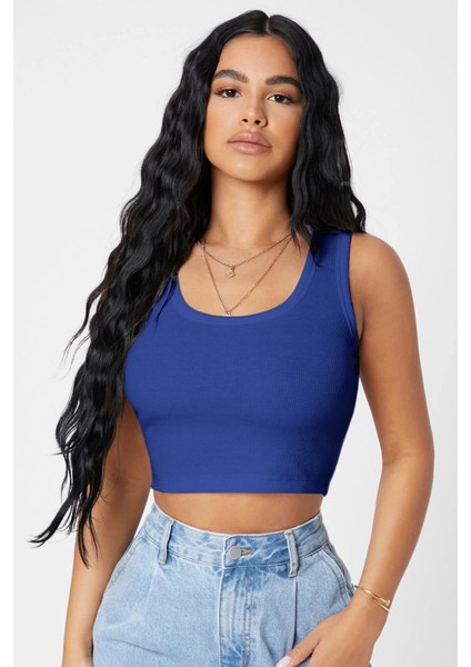 Kadın Lacivert Kare Yaka Crop Top Bluz