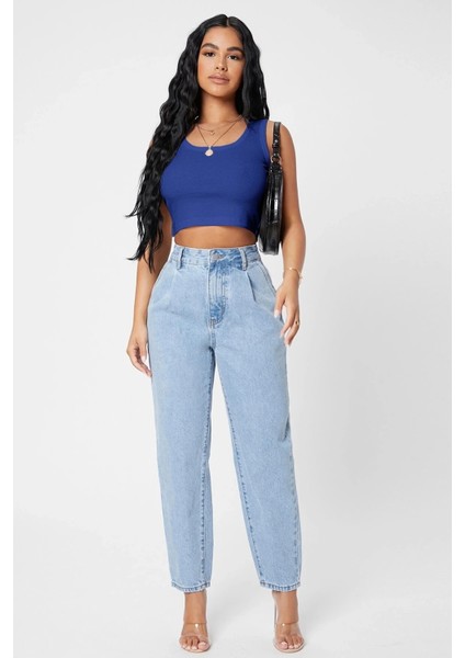 Kadın Lacivert Kare Yaka Crop Top Bluz modelleri