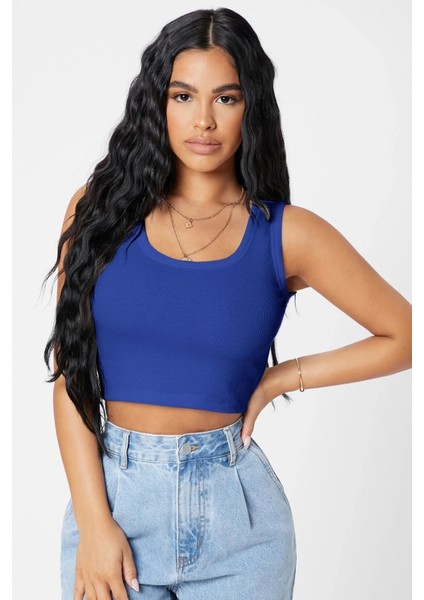 Kadın Lacivert Kare Yaka Crop Top Bluz fırsatları