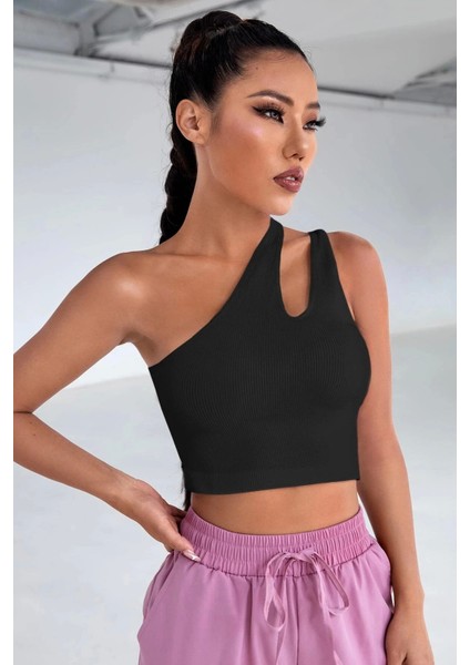 Kadın Siyah Tek Omuz Cut Out Detaylı Crop Top Bluz