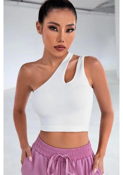 Kadın Beyaz Tek Omuz Cut Out Detaylı Crop Top Bluz