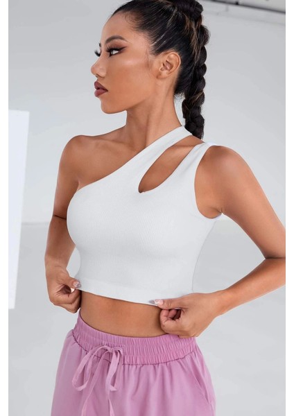 Kadın Beyaz Tek Omuz Cut Out Detaylı Crop Top Bluz