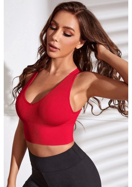 Kadın Kırmızı Derin Göğüs Dekolteli Şık Crop Top Bluz