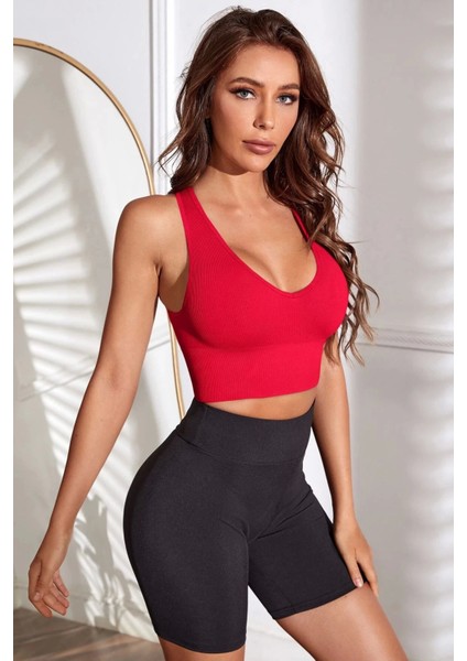 Kadın Kırmızı Derin Göğüs Dekolteli Şık Crop Top Bluz