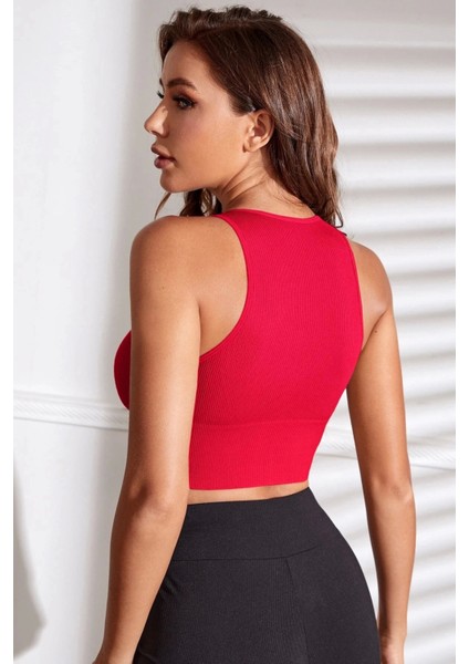 Kadın Kırmızı Derin Göğüs Dekolteli Şık Crop Top Bluz