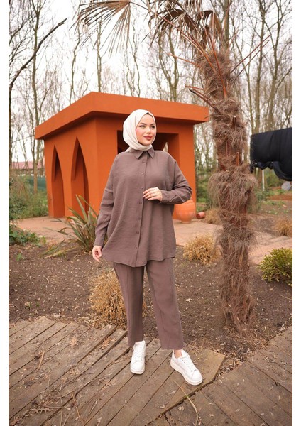 Sade İkili Tesettür Gömlek Takımı - (38-46) - 71263 - Kahverengi