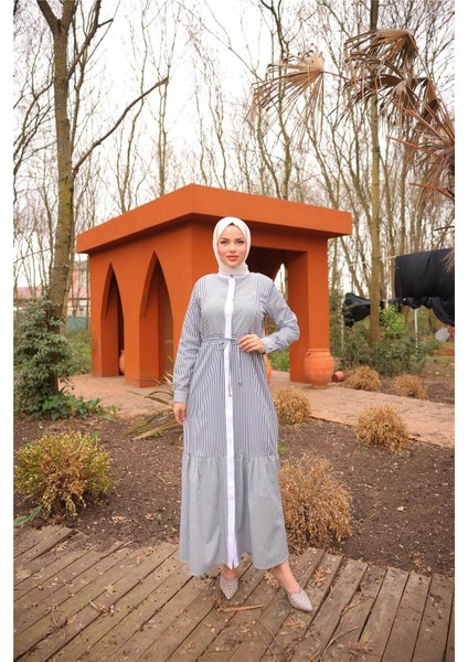 O Yaka Belden Bağcıklı Çizgi Desenli Elbise - (38-46) - 71261 - Lacivert