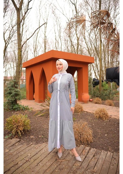 O Yaka Belden Bağcıklı Çizgi Desenli Elbise - (38-46) - 71261 - Lacivert fiyatları