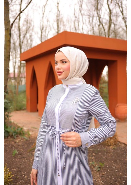 O Yaka Belden Bağcıklı Çizgi Desenli Elbise - (38-46) - 71261 - Lacivert modelleri