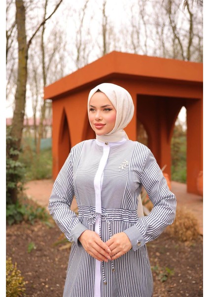 O Yaka Belden Bağcıklı Çizgi Desenli Elbise - (38-46) - 71261 - Lacivert fırsatları