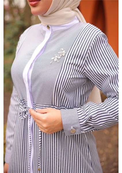 O Yaka Belden Bağcıklı Çizgi Desenli Elbise - (38-46) - 71261 - Lacivert indirimleri