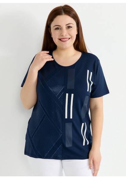V Yaka Taşlı Lacivert Kadın Bluz 25YSL8085-BB