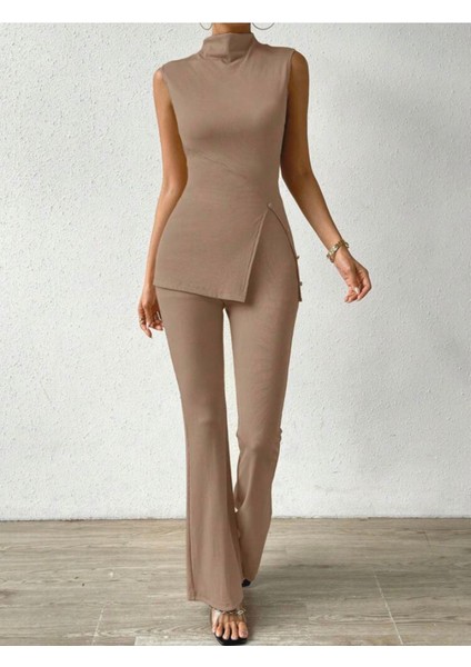 Ithal Camel Haki Yaka Bluz ve Pantolon Ikili Takım