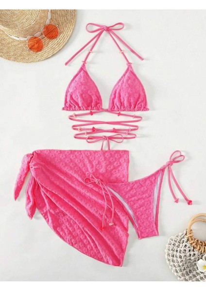 Y2K Coquette 3 Parça Pembe Ipli Bikini Takımı