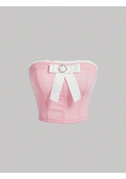 Y2K Coquette Pembe Lolita Straplez Bluz