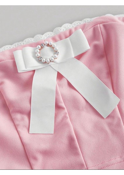 Y2K Coquette Pembe Lolita Straplez Bluz