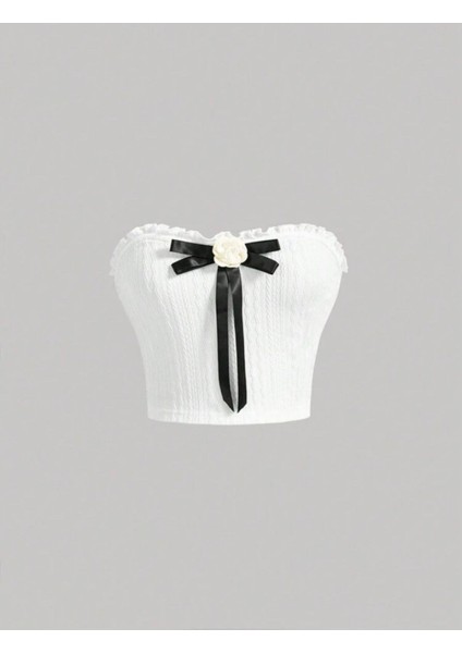 Y2K Coquette Beyaz Fiyonklu Lolita Straplez