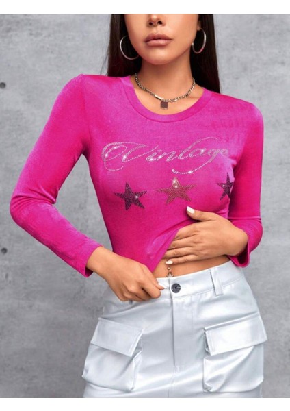 Ithal Y2K Coquette Pembe Uzun Kollu Taşlı Vintage Yazılı Yıldızlı Bluz
