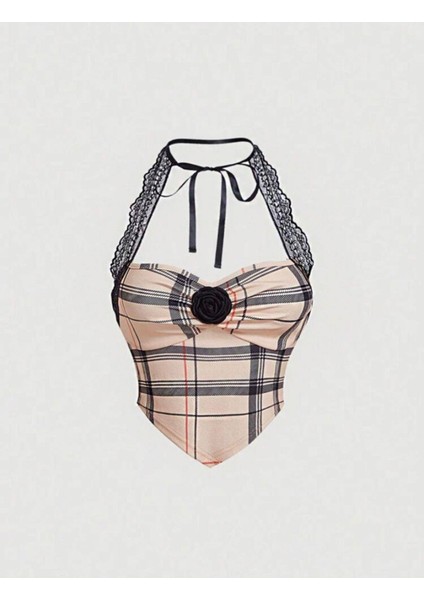Y2K Bej Dantel Detaylı Halter Yaka Pinterest Top Bluz