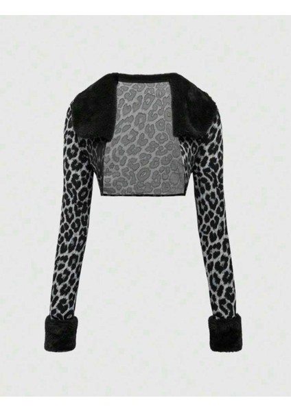 Y2K Grunge Patchwork Leopar Tüylü Gri Ceket
