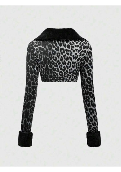 Y2K Grunge Patchwork Leopar Tüylü Gri Ceket