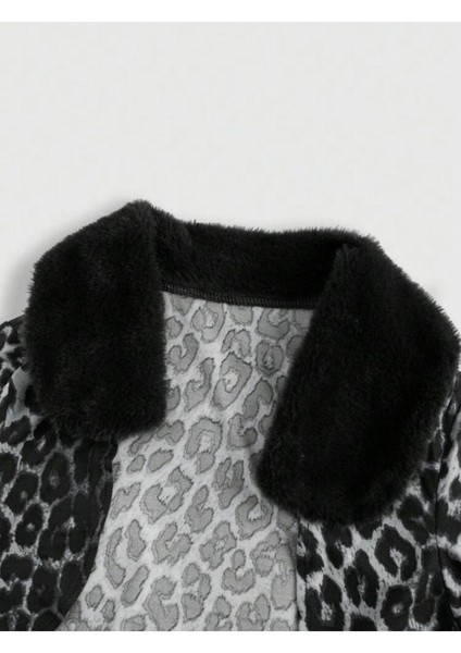 Y2K Grunge Patchwork Leopar Tüylü Gri Ceket
