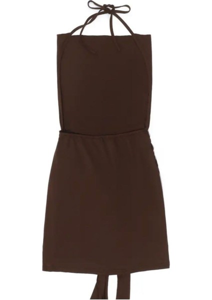 Halter Yaka Drapeli Vücuda Oturan Kahverengi Mini Pinterest Elbise