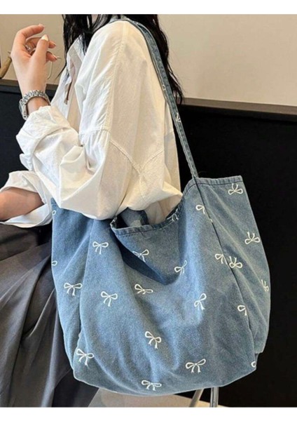 Ithal Y2K Coquette Mavi Fiyonklu Tote Çanta