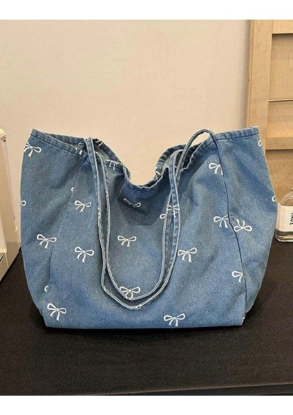 Ithal Y2K Coquette Mavi Fiyonklu Tote Çanta modelleri