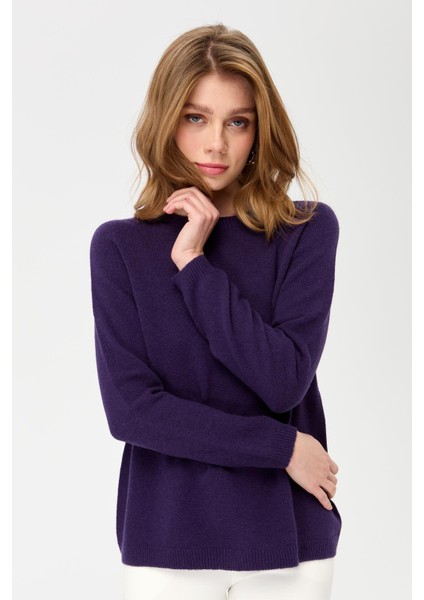 Kadın Sıfır Yaka Klasik Yün Kazak K.Mor