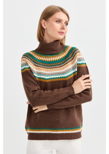 Kadın Tam Balıkçı Yaka Yün Kazak D.kahve