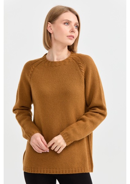 Kadın Sıfır Yaka Omzu Saç Örgülü Yün Kazak Taba modelleri