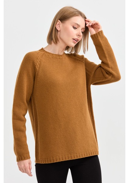 Kadın Sıfır Yaka Omzu Saç Örgülü Yün Kazak Taba fırsatları