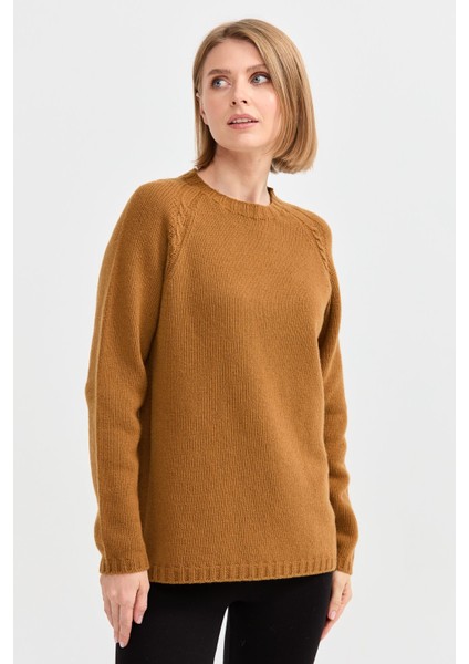 Kadın Sıfır Yaka Omzu Saç Örgülü Yün Kazak Taba indirimleri