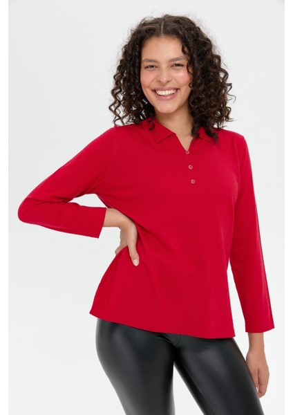 Kadın Polo Yaka Yanı Yırtmaçlı Kazak K.kırmızı modelleri