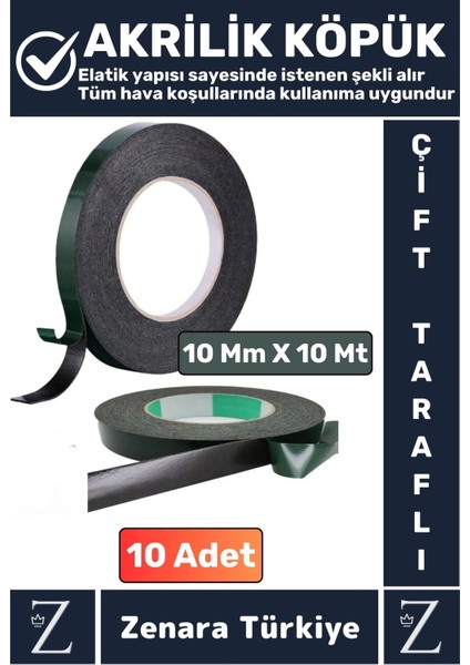 Ultra Güçlü Iz Bırakmaz Elastik Kolay Şekil Alan Çift Taraflı Akrilik Köpük Bant 10MM-10METRE 10ADET