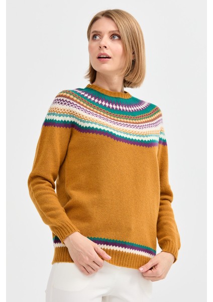 Kadın Sıfır Yaka Jakarlı Yün Kazak Hardal