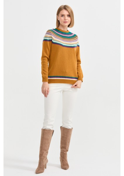 Kadın Sıfır Yaka Jakarlı Yün Kazak Hardal fiyatları