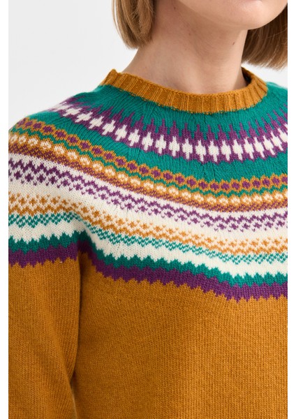 Kadın Sıfır Yaka Jakarlı Yün Kazak Hardal modelleri