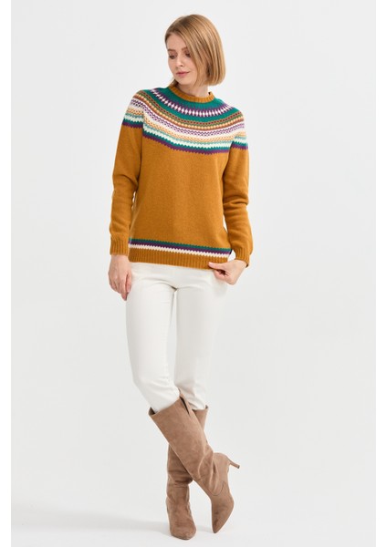 Kadın Sıfır Yaka Jakarlı Yün Kazak Hardal fırsatları