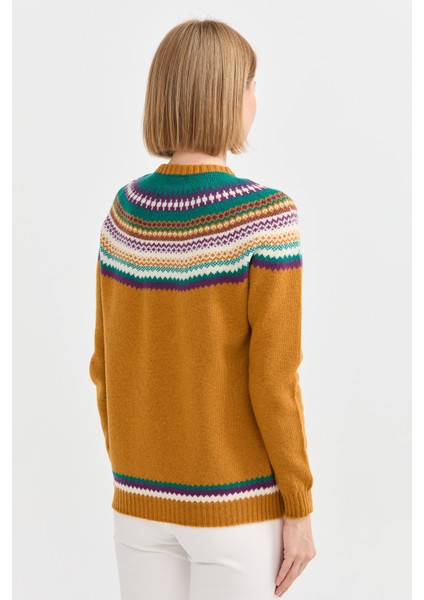 Kadın Sıfır Yaka Jakarlı Yün Kazak Hardal indirimleri