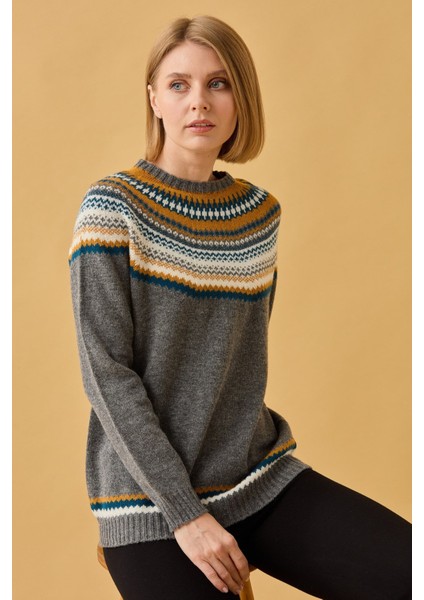 Kadın Sıfır Yaka Işleme Desenli Yün Kazak Füme fiyatları