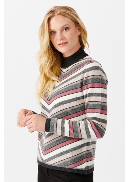 Kadın Çizgili Yarım Balıkçı Kazak Koyu Füme