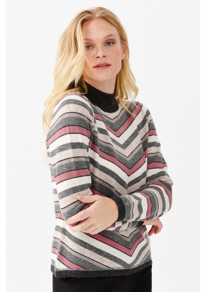 Kadın Çizgili Yarım Balıkçı Kazak Koyu Füme modelleri