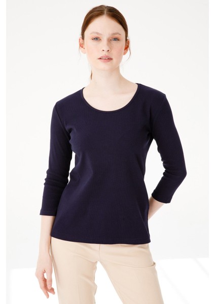 Kadın Sıfır Yaka Truvakar Kol Basic Pamuklu Kaşkorse T-Shirt Lacivert