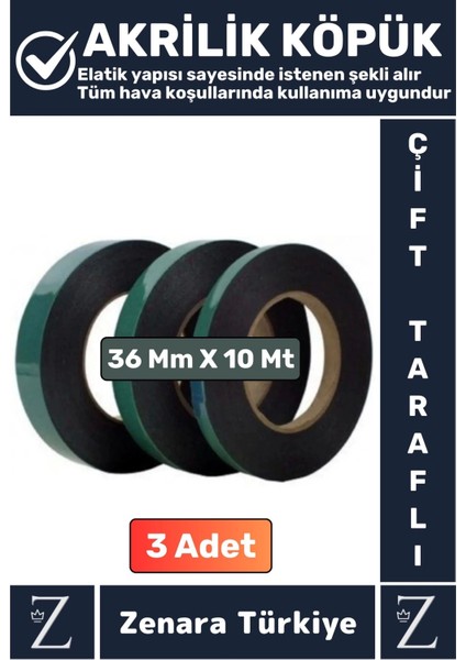 Ultra Güçlü Iz Bırakmaz Elastik Kolay Şekil Alan Çift Taraflı Akrilik Köpük Bant 36MMX10METRE 3 Adet