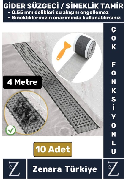 Suya Dayanıklı 0.55MM Delikli Sineklik Tamir Kiti Gider Süzgeci Saç Kıl Ayırıcı 12CM x 4metre 10ADET